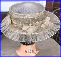 RARE ANTIQUE VINTAGE EDWARDIAN IVORY NET HORSEHAIR SUMMER HAT With FLOWERS