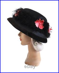 RARE Antique 1910s Large Black Silk & Velvet Leaves Merry Widow Titanic Hat