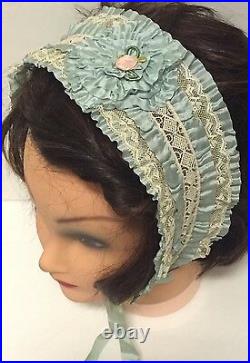 RARE Antique Teens 1920's Flapper Blue Lace Headband Hair Piece Hat