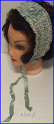 RARE Antique Teens 1920's Flapper Blue Lace Headband Hair Piece Hat