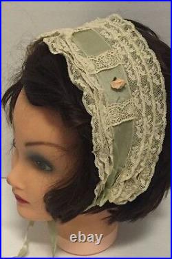 RARE Antique Teens 1920's Flapper Mint Green Lace Headband Hair Piece Hat