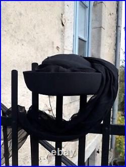 RARE French Edwardian Black Felt MOURNING HAT With Long Crepe Veil Shroud Vintage