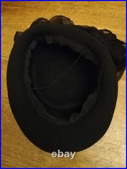 RARE French Edwardian Black Felt MOURNING HAT With Long Crepe Veil Shroud Vintage