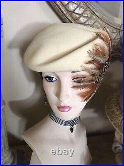 RARE JACK McCONNELL HAT WHITE FELT FEATHER MEDALIAN ITS FOR THE BIRDS LABEL
