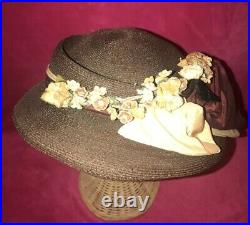 RARE Lovely VINTAGE Brown GLAM Unique FLORAL Bow MAGNIFICENT EarthTone COLOR HAT