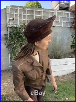 RARE STETSON Vtg 40s STAND UP BERET Womens Hat Brown Wool Bead Rothschild Bros