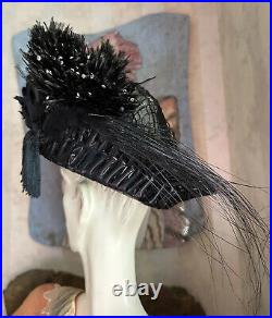 RARE Titanic era Edwardian Authentic Women Black Hat Rhinestone Ostrich Feather