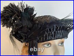 RARE Titanic era Edwardian Authentic Women Black Hat Rhinestone Ostrich Feather
