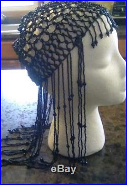 RARE True ANTIQUE 1920s Cleopatra Style Beaded Headpiece Hat Black Mourning