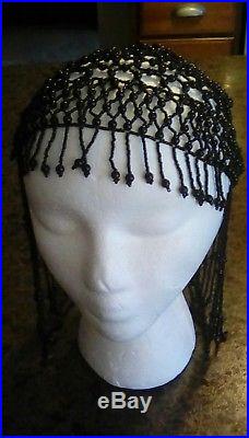 RARE True ANTIQUE 1920s Cleopatra Style Beaded Headpiece Hat Black Mourning