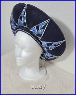RARE VTG Lady Liberty Jack McConnell Navy Blue Rhinestone Red Feather Church Hat