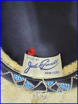 RARE VTG Lady Liberty Jack McConnell Navy Blue Rhinestone Red Feather Church Hat