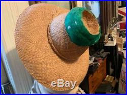 RARE Vintage Hawaiian Elsie Krassas Feather Lei / Hat Band decorated straw hat