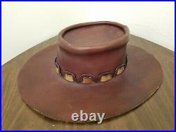 RARE Vintage Signed WALTER DYER Wide Brim Leather HAT Hippie/BOHO/Festival Small