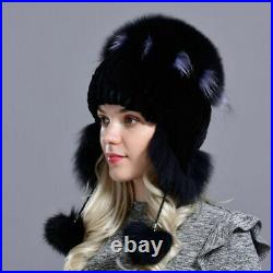 Rabbit Fur Knitted Hats Earflaps Bomber Beanies Women Winter Headwear 1pc Set