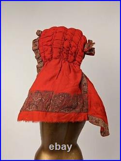 Rare 1830's Hand Sewn Red Wool Pumpkin Hood W Paisley Trim