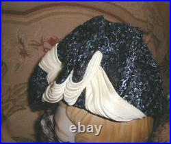 Rare 1939 BES-BEN TIlt Hat Cream Silk Jersey Drapes on Artistic Blue Straw WOW