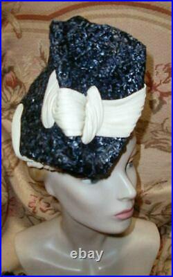 Rare 1939 BES-BEN TIlt Hat Cream Silk Jersey Drapes on Artistic Blue Straw WOW