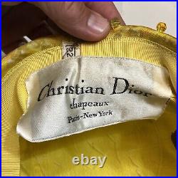 Rare 60s 70s Christian Dior Chapeaux Turban Style Hat Yellow Button Crystals