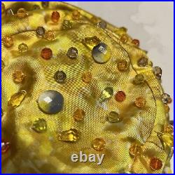 Rare 60s 70s Christian Dior Chapeaux Turban Style Hat Yellow Button Crystals