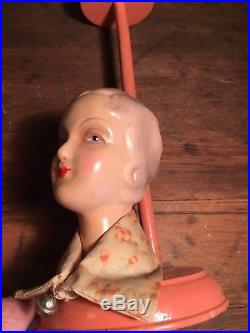 Rare Antique Japan Boudoir Miniature Compo Mannequin Head Pink Wooden Hat Stand