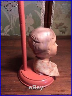 Rare Antique Japan Boudoir Miniature Compo Mannequin Head Pink Wooden Hat Stand