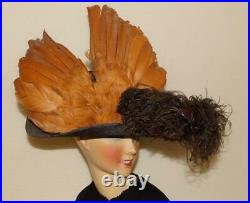 Rare Edwardian Titanic Teens Black Straw Huge 2 Type Ostrich Feathers Dress Hat