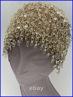 Rare Irene Antique Art Deco Champagne Gold Crystal Beaded 1940's Cloche Hat Cap