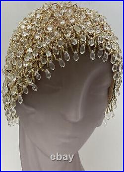 Rare Irene Antique Art Deco Champagne Gold Crystal Beaded 1940's Cloche Hat Cap