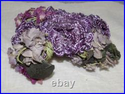 Rare Orig Victorian Antique Purple Straw W Bouquet Flowers Gown Dress Bonnet Hat