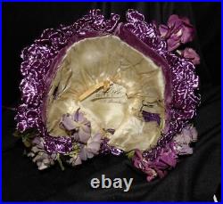 Rare Orig Victorian Antique Purple Straw W Bouquet Flowers Gown Dress Bonnet Hat
