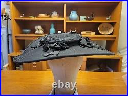 Rare! Vintage 1930s 40s Caroline Reboux Black Silk Brimmed Hat EVC