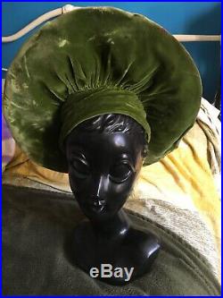 Rare Vintage 1940s Collectable Green Velvet Fringe Pop Up Hat In Vogue