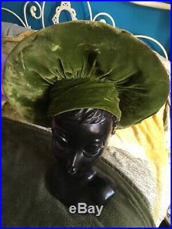 Rare Vintage 1940s Collectable Green Velvet Fringe Pop Up Hat In Vogue