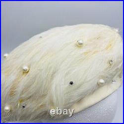 Rare Vintage Jack McConnell White Feathers w Jewels & beads Wool Hat