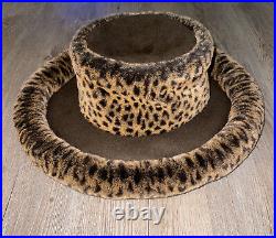 Rare Vintage KOKIN New York Brown Leopard Faux Fur Wide Brim Plush Wool Felt Hat