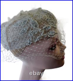 Rare White Beaded and Lace Vintage Veiled hat from the 1940s Gorgeous