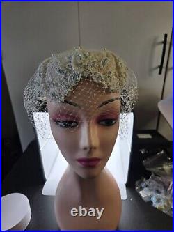 Rare White Beaded and Lace Vintage Veiled hat from the 1940s Gorgeous