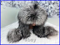 Real Silver fox fur women winter trapper hat Aviator Ushanka style Ears flap