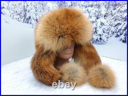 Real red fox fur women winter trapper hat Ushanka style Ears flap