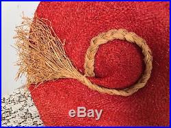 Red Straw Sun Hat Wide Brim Woven 30s Vintage Vtg Italy