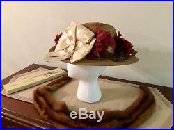 Restored Grand Vintage Edwardian Straw Hat w Blooming Poppies Leaves Silk Bow