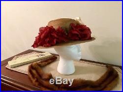 Restored Grand Vintage Edwardian Straw Hat w Blooming Poppies Leaves Silk Bow