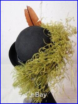 Retro Lady Chesterfield Woman Hat Tri-Corner Black Huge Chartreuse Curly Feather