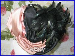 SASSY Antique Vintage 1930-40s Tilt Hat Vintage-Pink Satin Black Ostrich Feather