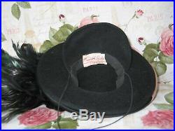 SASSY Antique Vintage 1930-40s Tilt Hat Vintage-Pink Satin Black Ostrich Feather