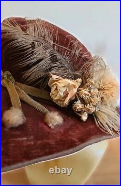 STUNNING ANTIQUE FIND Vintage EDWARDIAN 1900s Large Brim BLOOMS/FEATHERS Hat