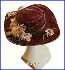 STUNNING ANTIQUE FIND Vintage EDWARDIAN 1900s Large Brim BLOOMS/FEATHERS Hat