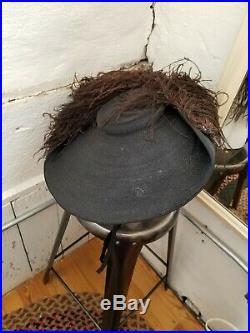 STUNNING Antique Edwardian Victorian Large Brim Black STRAW HAT OSTRICH FEATHERS