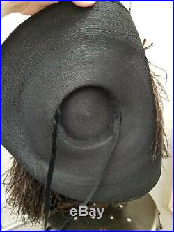 STUNNING Antique Edwardian Victorian Large Brim Black STRAW HAT OSTRICH FEATHERS